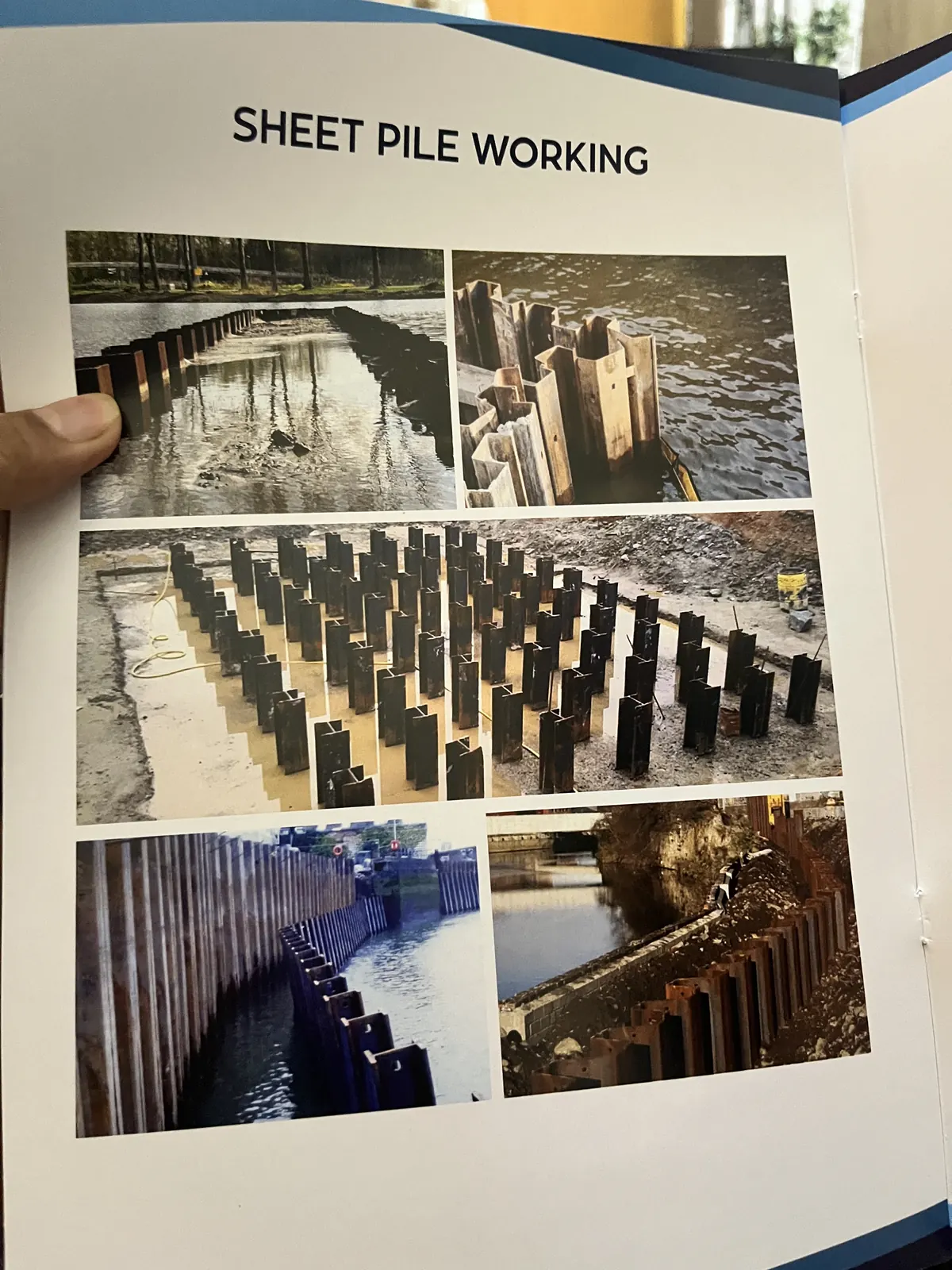 Four sheet-pile photographs on a page from the M/S VKJJVBBNINFRA project booklet