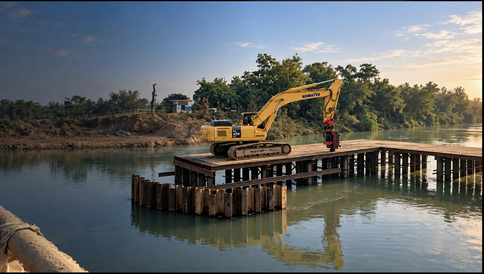 Excavator working from a timber platform over a river, work by M/S VKJJVBBNINFRA