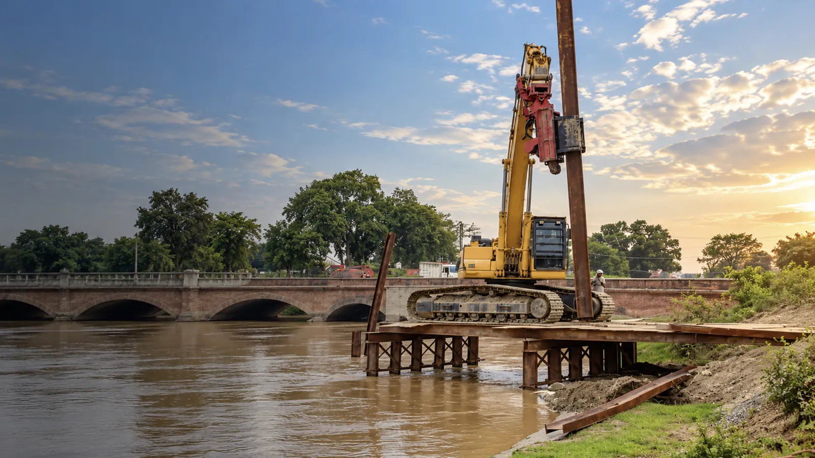 Vibro hammer driving a pile from a river platform, with a bridge behind, work by M/S VKJJVBBNINFRA