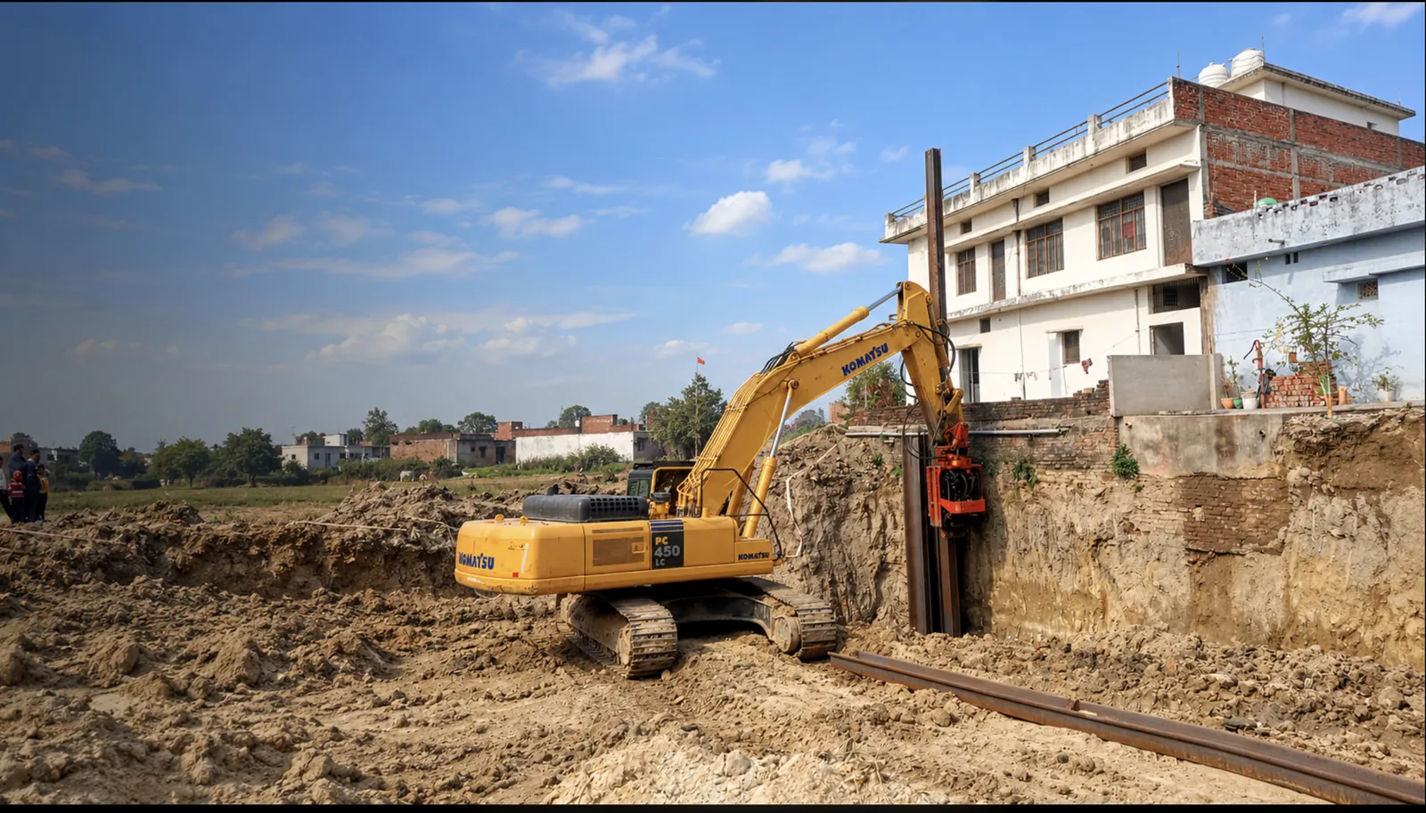 Excavator working the bank beside a house, with the railway track in front, work by M/S VKJJVBBNINFRA
